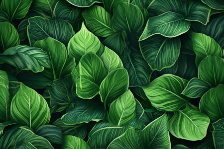 Close-up greenery, foliage, leaves, texture top view, illustration. AI generated image. Nature, background, tropical leaf, green garden, imageの素材