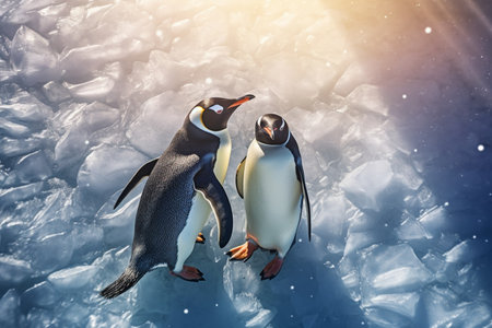 Penguins on the iceberg, antarctica, bird and animal, top view, illustration. AI generated image. Nature, floe, polar, wildlife, glacier, imageの素材