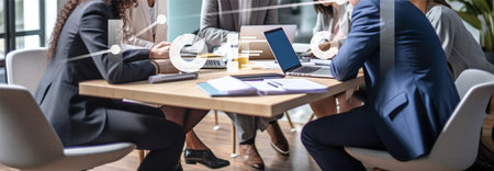 Colleagues sit at the table and have a discussion in the office. Team at a meeting in the boardroom. AI-Generated imageの素材