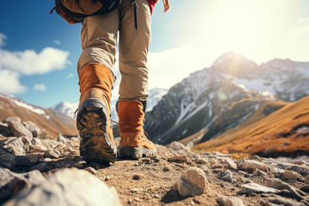 Feet in boots, walking hiking in mountains and mountaineering, illustration. AI-Generated image. Climbing, hike, tourism, travel, traveling and journey, imageの素材