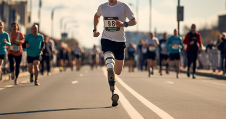 Athlete man with prosthetic leg participates in a marathon. Disabled athlete man with artificial leg. Paralympic Athlete. AI-Generated imageの素材