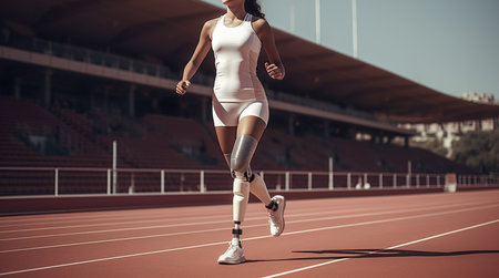 Athlete woman with prosthetic leg participates in a marathon. Disabled athlete woman with artificial leg. Paralympic Athlete. AI-Generated imageの素材