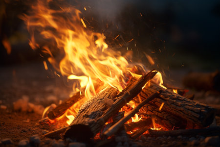 Man kindles a bonfire, balefire, fire and flames, illustration. AI-Generated image. Survival, campfire, burn, burning, fiery, camp and campground, imageの素材