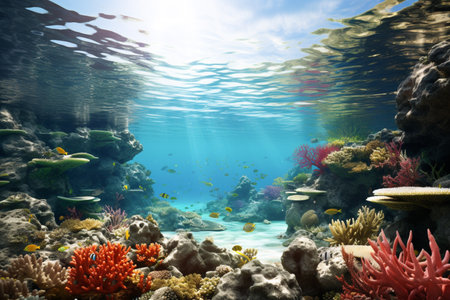 Corals, reef, rocks, fish, nature and world ocean, illustration. AI-Generated images. View underwater to surface ocean, sunbeam penetrate through the top layer of the ocean, imageの素材