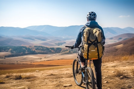 A tourist on a bicycle stopped to look at the beautiful view of the mountains and valley. A cyclist with a backpack and beautiful landscape with hills. AI-Generated imageの素材