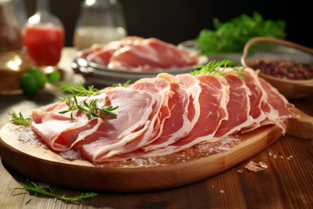 Slices of prosciutto on a cutting board. Italian prosciutto crudo or spanish jamon. Raw ham on wooden background. AI-Generated imageの素材