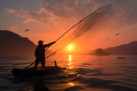 Fisherman catches fish with a net during sunset or sunrise. Fisherman casting a net for catching fish in the early morning before sunrise. AI-Generated imageの素材