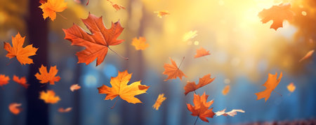 Beautiful autumn landscape with falling colorful maple leaves. Beautiful autumn tree with fallen dry leaves in sun light. Golden autumn foliage natural background. AI-Generatedの素材