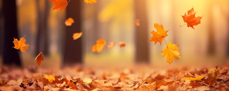 Beautiful autumn landscape with falling colorful maple leaves. Beautiful autumn tree with fallen dry leaves in sun light. Golden autumn foliage natural background. AI-Generatedの素材