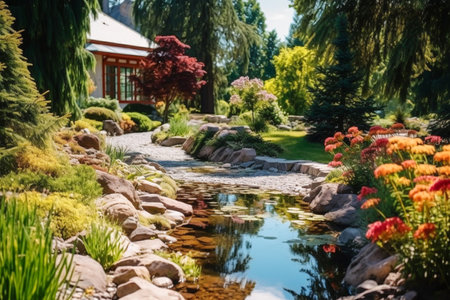 Beautiful landscape design for backyard garden pond background. Artificial pond  with water-lily on the home plot. AI-Generated imageの素材