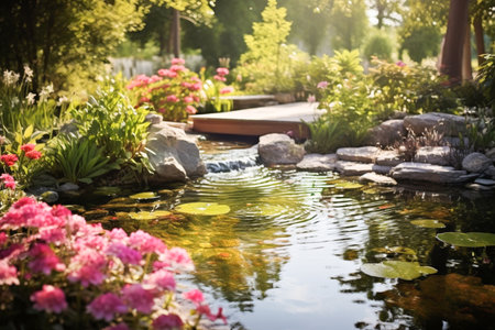 Beautiful landscape design for backyard garden pond background. Artificial pond  with water-lily on the home plot. AI-Generated imageの素材