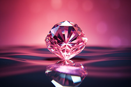 Background with pink diamond on a dark reflective surface. Jewelry precious stone with dark shine. AI-Generated imageの素材