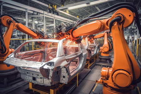 Assembly line in a car factory with robotic arms working. Automated assembly line for car production. AI-Generated imageの素材