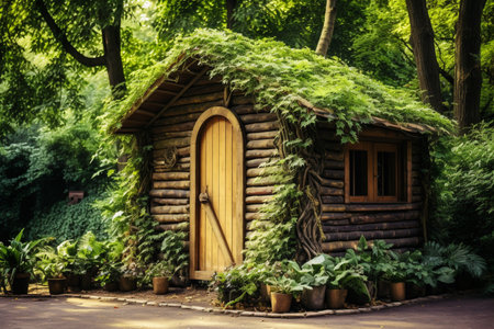 Storage shed for gardening tools in a beautiful green botanical garden. Garden hut in the backyard of a house in the middle of the forest. AI-Generated imageの素材