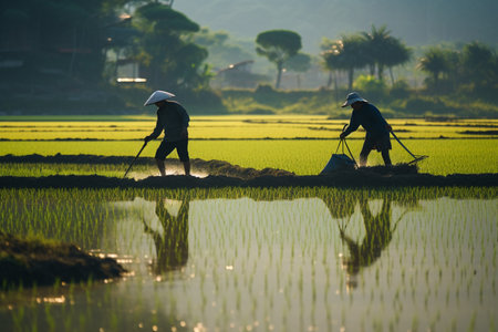 Asian farmers use the traditional method of planting rice. Farmers are engaged in farming and planting seedlings in green rice fields. AI-Generated imageの素材