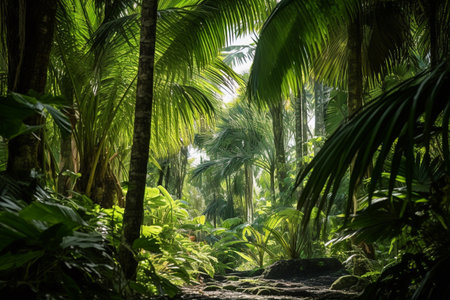 Footpath in dense tropical rainforest. Beautiful lush palm forest vegetation. Deep and dense green jungle. AI-Generated imageの素材