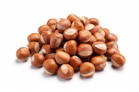 Hazelnut, filbert, cobnut, nut, leaves and plant, illustration. AI-Generated image. Nutty, food, meal, nature, fruit, kernel, eating and eat, imageの素材