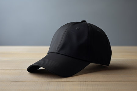 Black cap for adult men on the table. Black baseball cap template. Cap mockup. AI-Generated imageの素材