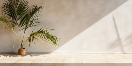 Potted green palm plant in an empty room. Shadow of palm leaves on a white concrete light beige wall. Copy space. AI-Generated imageの素材