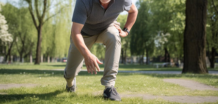 Senior man suffered a knee injury while jogging in the park. Knee grass during physical exercise outdoors. AI-Generative imageの素材