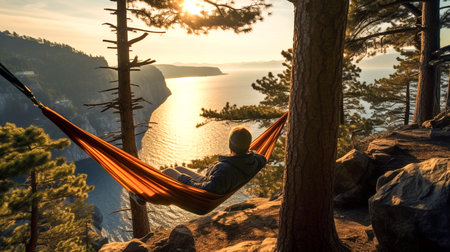 Man sits in hammock on top of a mountain. Man lying in a hammock on cliff, overlooking valley, forest and lake. AI-Generated imageの素材