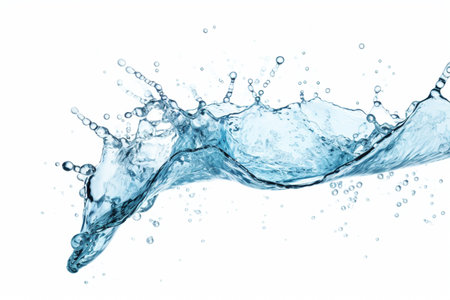 Blue water splash, water waves isolated on white background. Isolated water flow shapes with drops. Liquid splashing. AI-Generated imageの素材