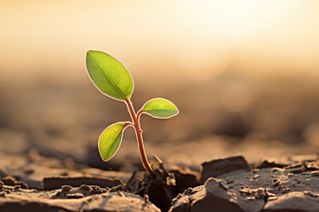 Plant sprouting in the desert in dry cracked soil. The life of a tree begins in dry soil. AI-Generated imageの素材