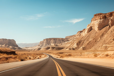 Long straight road through the desert with bushes growing on both sides of the road. AI-Generated imageの素材