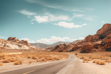 Long straight road through the desert with bushes growing on both sides of the road. AI-Generated imageの素材