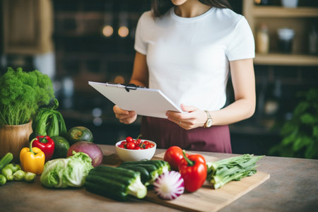 Nutritionist writes a healthy diet plan that includes healthy foods. Healthy eating concept. AI-Generated imageの素材