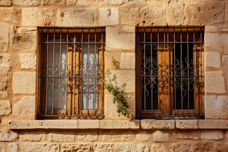 Old fashioned wooden window with bars on stone wall. AI-Generated imageの素材