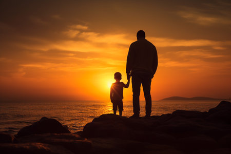 Ocean landscape during sunset with father and son looking into the distance. AI-Generated imageの素材