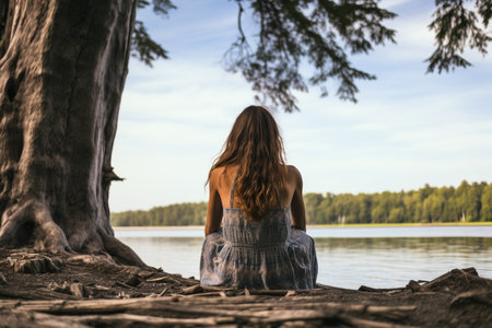 Girl sits in a quiet place and relaxes on the shore of a lake. AI-Generated imageの素材