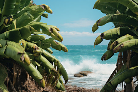Row of green banana palms grows on a hill next to the blue sea. AI-Generated imageの素材