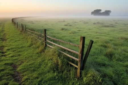 Scenic calm foggy morning in the countryside with weak sunlight. AI-Generated imageの素材