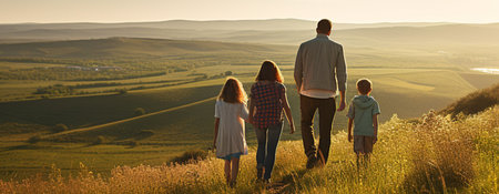 Family went on vacation to nature on a warm sunny day. AI-Generated imageの素材