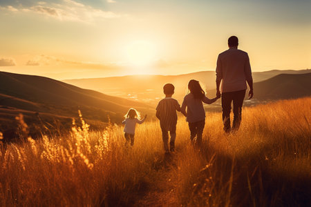 Family went on vacation to nature on a warm sunny day. AI-Generated imageの素材