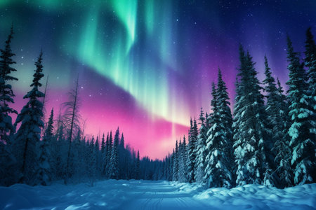 Night scene of a snow-covered pine forest and northern lights. AI-Generated imageの素材