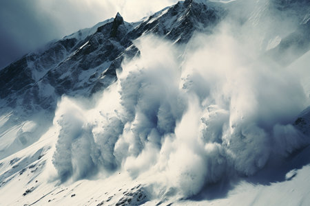 Close-up of mountains covered with snow and snow avalanche. AI-Generated imageの素材
