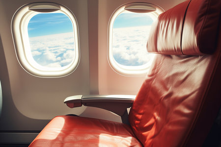 Comfortable airplane seats and a view of the blue sky and clouds. AI-Generated imageの素材