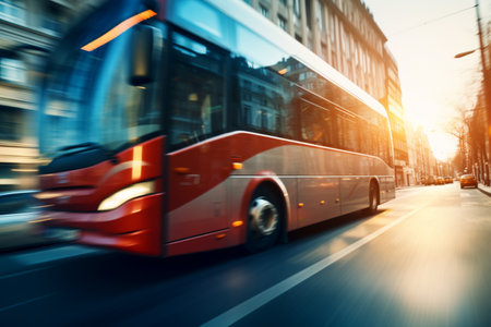 City bustle on the city streets. A regular bus moves around the city center. AI-Generated imageの素材