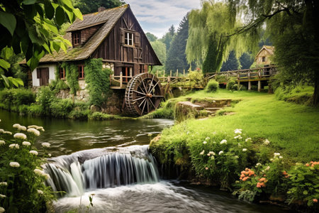 Historic watermill and old houses in the countryside. AI-Generated imageの素材