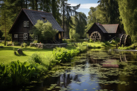 Historic watermill and old houses in the countryside. AI-Generated imageの素材