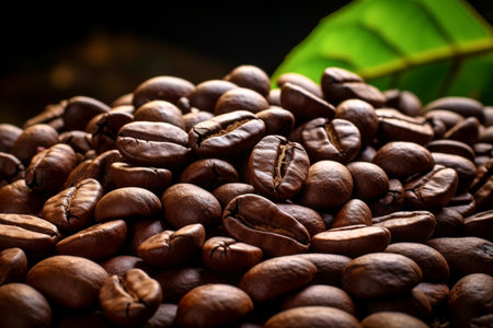 Coffee beans with leaves or leaf, plant and nature. Food, hot drink, beverage and cafes, coffee house and coffee shopの素材