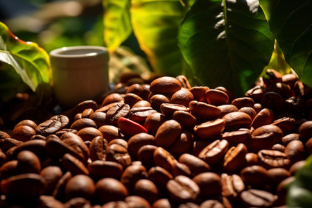 Coffee beans with leaves or leaf, plant and nature. Food, hot drink, beverage and cafes, coffee house and coffee shopの素材