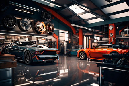Auto repair shop, car and automobile, automotive, mechanic, transport and transportationの素材