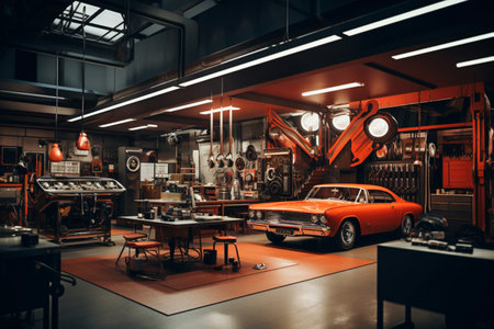 Auto repair shop, car and automobile, automotive, mechanic, transport and transportationの素材