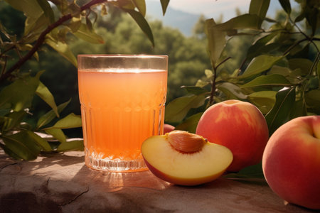 Peach and peach juice, fruit, drink and food, beverage, juicy and drinkingの素材