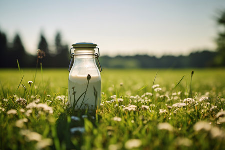 Milk can with milk stands on a green meadow. Milk and dairy, drink, food and meal. Dairy farm, animal husbandry and cattle breeding, animal and farmの素材