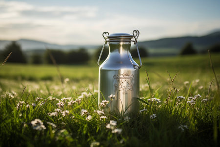 Milk can with milk stands on a green meadow. Milk and dairy, drink, food and meal. Dairy farm, animal husbandry and cattle breeding, animal and farmの素材